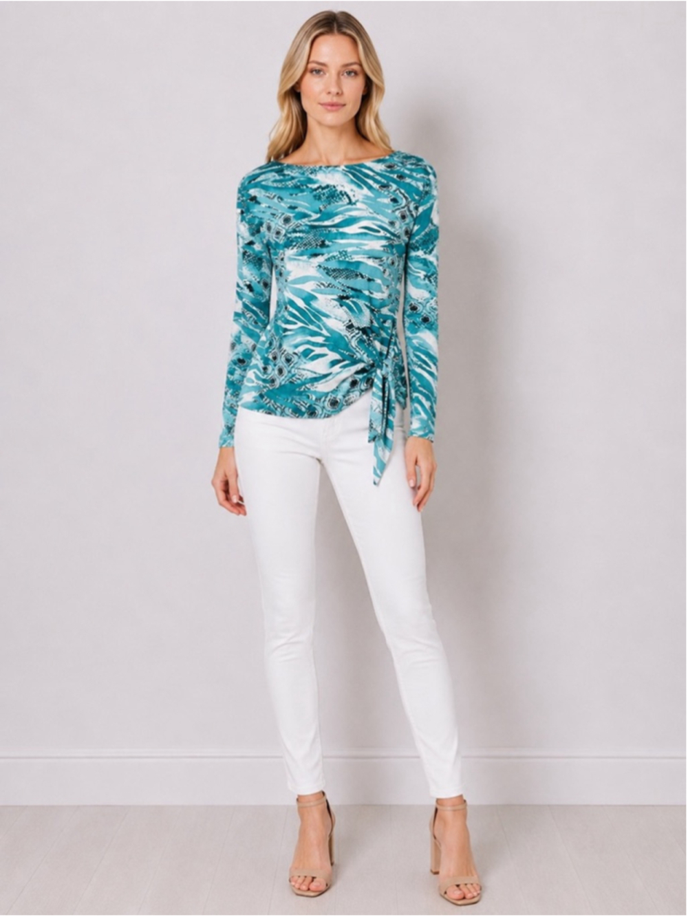 Clara Sunwoo Blue Abstract Animal Print Silky Travel Knit Top Side Knot Size S